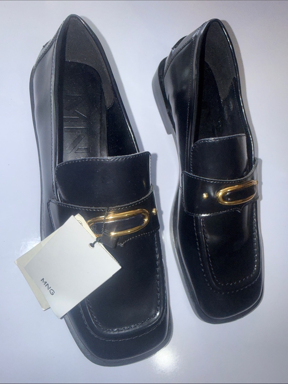Mango loafers Black Leather Slip-On Loafers with Gold Buckle